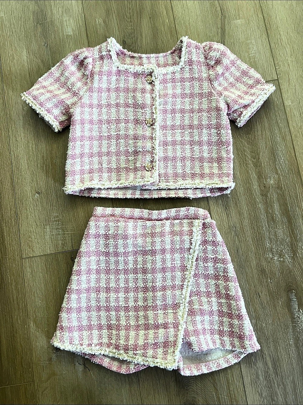 Mia Belle Girls My Own Fashion Show Gingham Tweed Top and Skort Set Pink & White